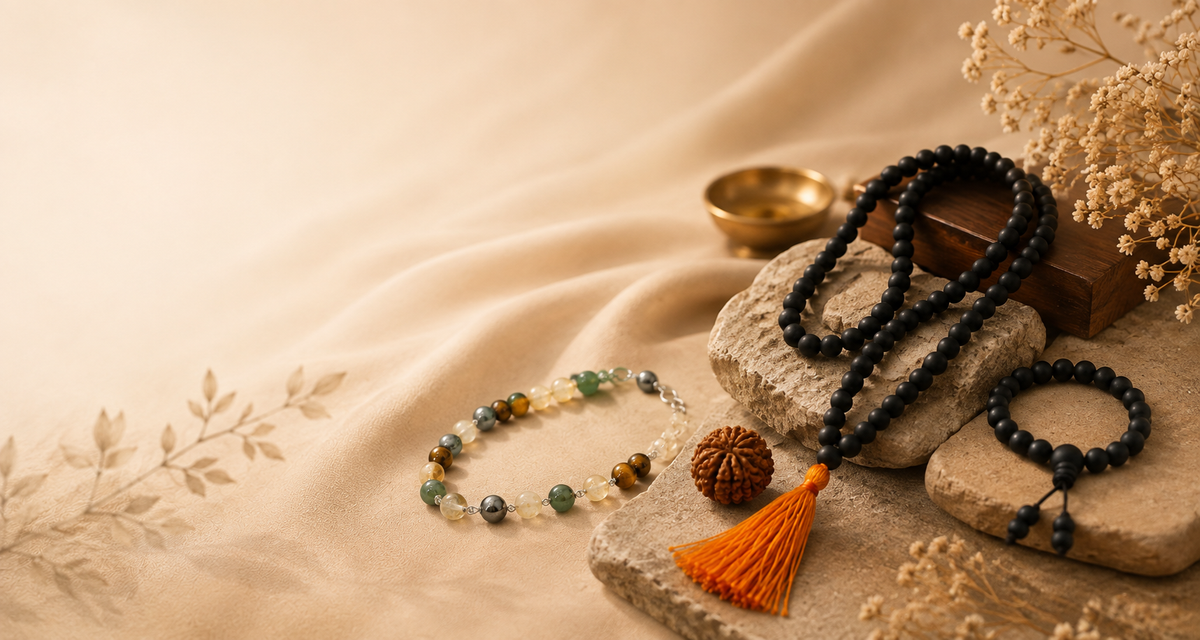 A styled flat-lay of a beaded necklace and matching bracelet on textured stones and draped beige fabric, with dried flowers and a small brass bowl in the background.