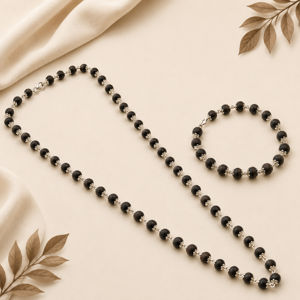 Silver Plated Karungali Mala + Bracelet Combo
