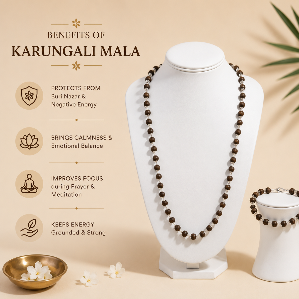 Silver Plated Karungali Mala + Bracelet Combo