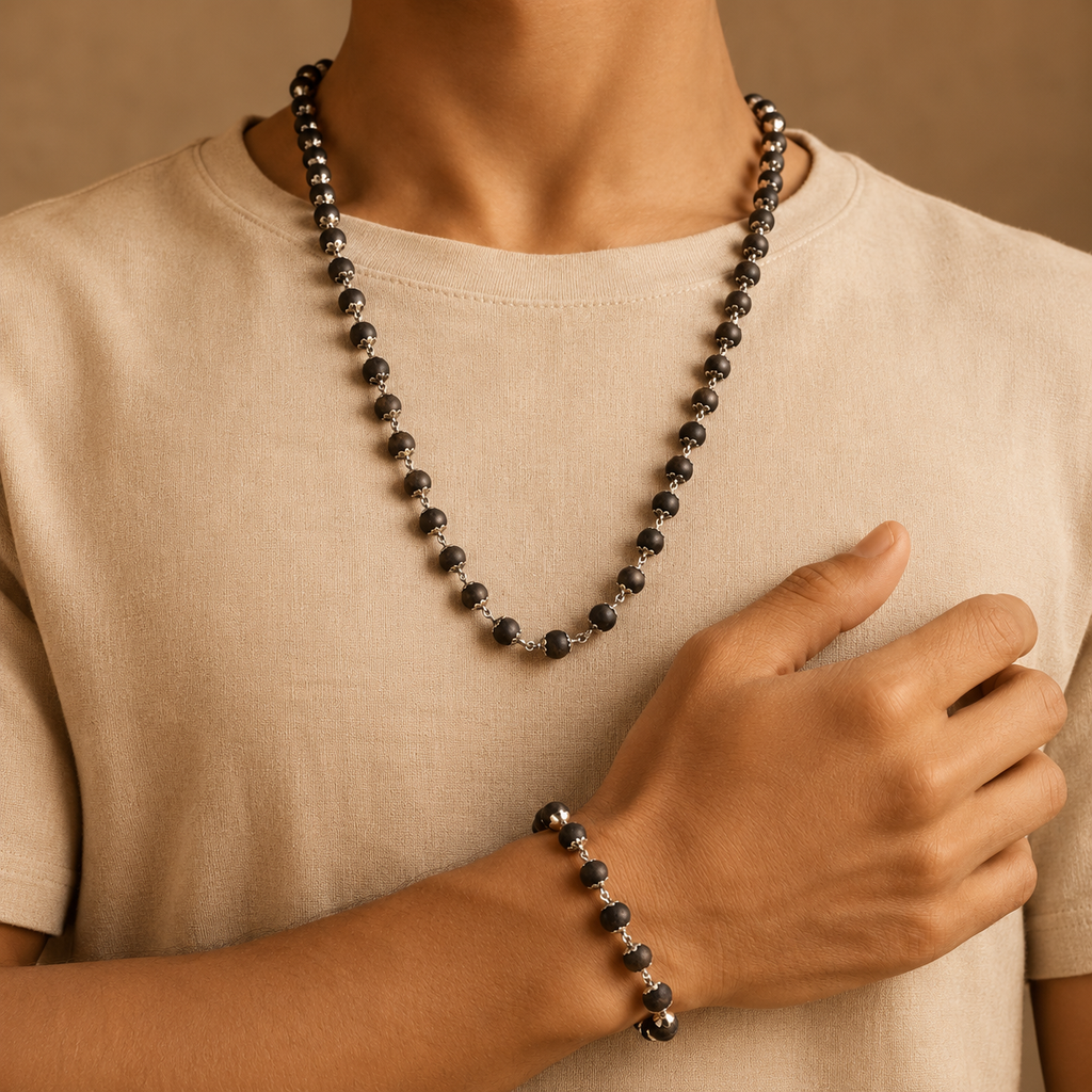Silver Plated Karungali Mala + Bracelet Combo